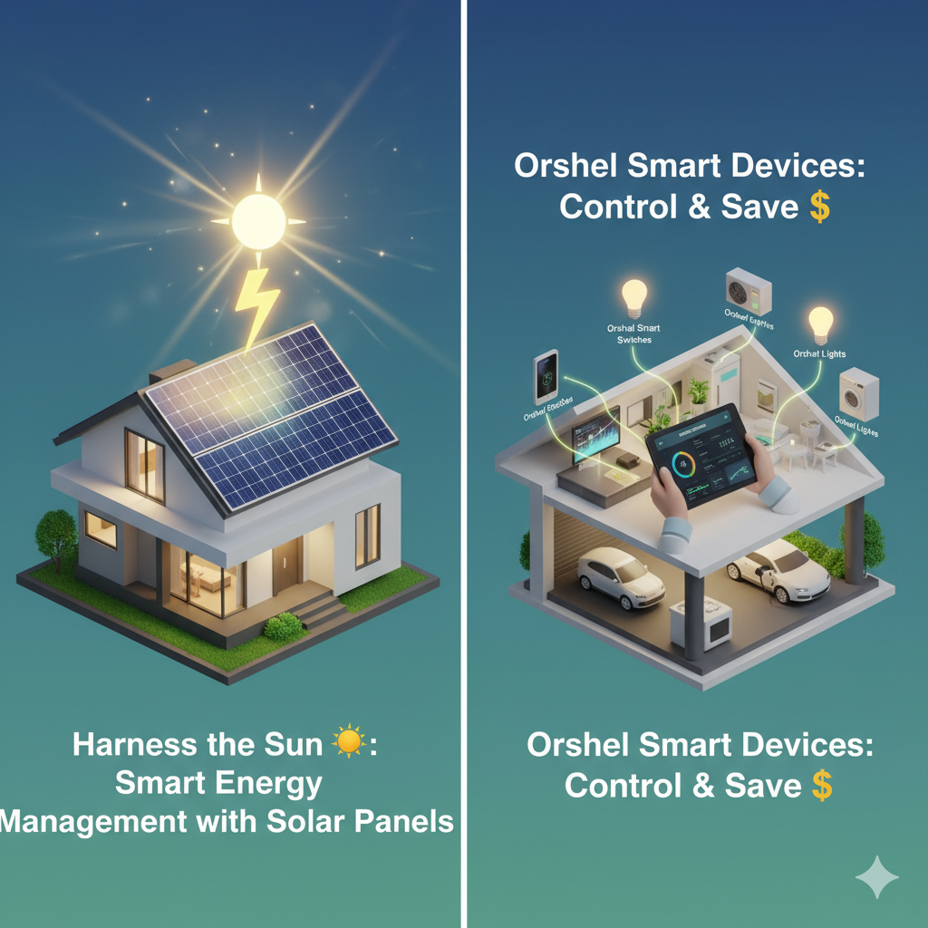 A split image illustrating smart energy management. On the left, a house with solar panels under a shining sun with a lightning bolt, representing solar energy. On the right, a cross-section of a smart home interior with Orshel smart switches and lights being controlled by a person using a tablet display showing energy data.